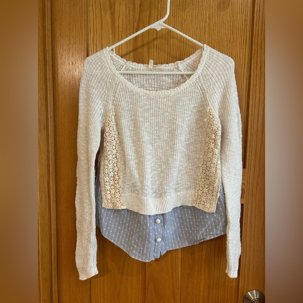 Moth Anthropologie Women's Cotton Cream Blue White Knit Layered Sweater Size XS